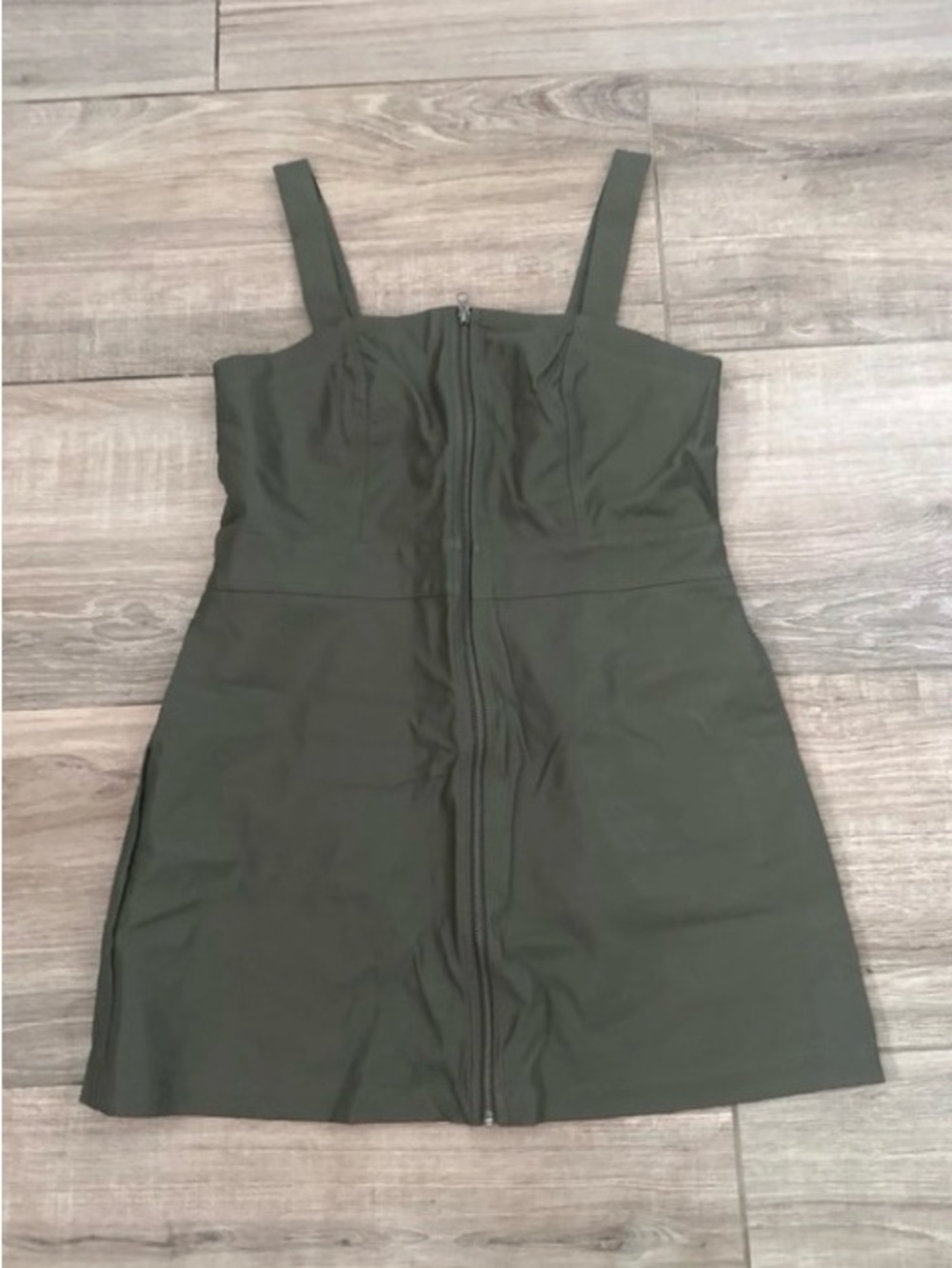 Sleeveless Olive Green Zip-Front Faux Leather Dress